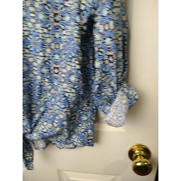 Talbots Blue Artsy Tie Collared Button Front Roll Tab Sleeve Blouse. Size MP - Picture 5 of 10